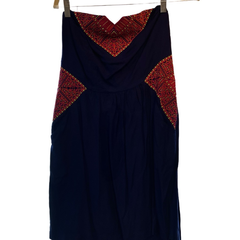 Ecote Strapless Dress in Blue with Red Accents